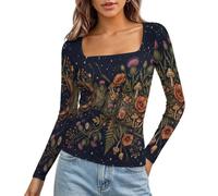 HZCRAES Maglia Donna Scollo Quadrato, Magliatta Maniche Lunghe Morbida Coste Slim | Top Elasticizzata Insetti Bosniaci, T-Shirt Linea Slim Piante Fiorite retrò per Ufficio Tempo Libero