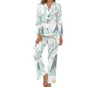 HZCRAES Pigiama Donna Catena Montuosa Dinosauri Cartoni Animati Set di Pigiama da Donna Manica Lunga Abbigliamento per La Casa Due Pezzi con Bottoni Morbidissimo Casual sul Bavero con Tasca Pantaloni