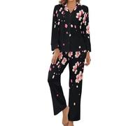HZCRAES Pigiama Donna con Bottoni Pantaloni A Tutta Lunghezza Pigiama Donna Leggero con Stampa Semplici Fiori di Ciliegio Giapponesi Due Pezzi Tutte Le Stagioni Taglie Forti Pigiami da Casa Casual