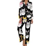 HZCRAES Pigiama Donna con Bottoni Pantaloni A Tutta Lunghezza Pigiama Donna Leggero con Stampa Simpatico Animale Gatto Due Pezzi Tutte Le Stagioni Taglie Forti Pigiami da Casa Casual
