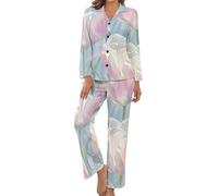 HZCRAES Pigiama Donna Estivo Morbido, Lungo Pigiama Camicia con Bottoni sul Bavero Comodo Pantaloni Lunghi Traspiranti Pigiami da Casa Tulipani Rosa da Sogno in Due Pezzi S-5Xl