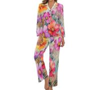 HZCRAES Pigiama Donna Estivo Morbido, Lungo Pigiama Camicia con Bottoni sul Bavero Comodo Pantaloni Lunghi Traspiranti Pigiami da Casa Cosmo Acquerello Sognante in Due Pezzi S-5Xl