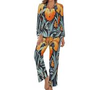 HZCRAES Pigiama Donna Fiori di Iris Naturali d'Epoca Set di Pigiama da Donna Manica Lunga Abbigliamento per La Casa Due Pezzi con Bottoni Morbidissimo Casual sul Bavero con Tasca Pantaloni