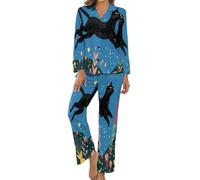 HZCRAES Pigiama Donna Gatto Boemo dei Fiori Set di Pigiama da Donna Manica Lunga Abbigliamento per La Casa Due Pezzi con Bottoni Morbidissimo Casual sul Bavero con Tasca Pantaloni