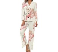 HZCRAES Pigiama Donna Romantico Fenicottero Rosa Due Pezzi Manica Lunga Pantaloni Lunghi Casual Top Elastico in Vita Pantaloni A Gamba Larga con Tasca Completi Tuta Abbigliamento per La Casa