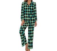 HZCRAES Pigiama Stampa Geometria del Rombo Boemo Donna Camicia A Manica Lunga con Bottoni Pantaloni A Tutta Lunghezza Pigiami Due Pezzi Sleepwear per Tutte Le Stagioni Pigiama Leggero da Casa