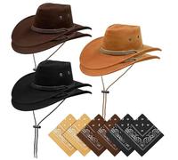 HzDazrl 12 pezzi cappelli da cowboy e bandane Bulk donne uomini cowgirl set roll up tesa larga cappello western con fazzoletto da collo, Stile B, Taglia unica