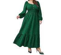 HzDazrl Abito midi da donna con scollo a V Autunno Taglie forti Abito midi manica lunga Tinta unita Bottoni frontali Casual Flowy Swing Midi Abiti, Verde, 4XL