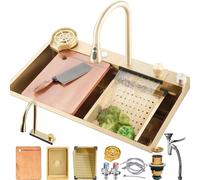 HZKSINNK 65x50cm Lavello da cascata nero, multifunzionale Lavello Cucina 1 Vasca in Acciaio Inox, con Rubinetto Estraibile, sifone e Set di Drenaggio, e vari accessor, lavello domestico set