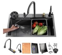 HZKSINNK 75x50cm Lavello da cascata nero, multifunzionale Lavello Cucina 1 Vasca in Acciaio Inox, con Rubinetto Estraibile, sifone e Set di Drenaggio, e vari accessor, lavello domestico set