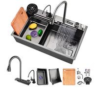 HZKSINNK 80x50cm Lavello da cascata nero, multifunzionale Lavello Cucina 1 Vasca in Acciaio Inox, con Rubinetto Estraibile, sifone e Set di Drenaggio, e vari accessor, lavello domestico set