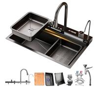 HZKSINNK 85 x 50 cm, lavello da cucina con due cascate, 1 vasca, nero, multifunzione, in acciaio inox, con rubinetti estraibili, lavavetri e set di scarico