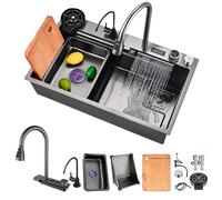 HZKSINNK Lavello da Cucina a Cascata 90x50cm, 1 Vasche Nero Multifunzionale in Acciaio Inox, con Rubinetti Estensibili, Tagliere, Sifone, Set di Scarico e Ricircolo, Accessori Completi per Lavello a