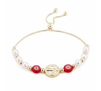 HZMAN Bracciale da donna con occhio malvagio, placcato oro 14 carati, medaglia Saint Benedict, stile retrò, occhio blu, perla portafortuna, Ottone, Senza Gemstone