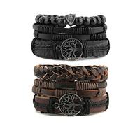 HZMAN Bracciale in vera pelle con albero della vita per uomo e donna, occhio di tigre, pietra lavica naturale, perle etniche, tribali, elastici, One Size, Acciaio inossidabile