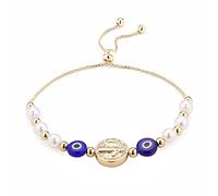 HZMAN Braccialetto da donna con occhio contro il malocchio, placcato oro 14 carati, medaglia di San Benedetto, stile retrò, con perline blu, protezione portafortuna, braccialetto elasticizzato, idea