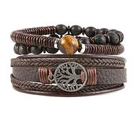 HZMAN Bracciali in vera pelle con albero della vita, unisex, occhio di tigre, pietra lavica, perline etniche tribali elastiche, Pelle, Nessuna pietra preziosa