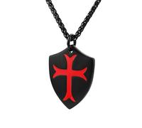 Hzman cavalieri templari croce Joshua 1: 9 Shield in acciaio INOX ciondolo collana con catena chiave, Acciaio inossidabile, colore: Black Red, cod. P7816D