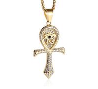 HZMAN Collana con ciondolo a forma di occhio di Horus con zirconia cubica, per uomo e donna, in acciaio inox, stile retrò, egiziano, copto Ankh, idea regalo, 1.37" x 2.16" x 2.16", Acciaio