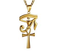 HZMAN Collana con ciondolo religioso a forma di occhio di Horus e croce di Ankh copta in Egitto e catena ro da 61 cm, Acciaio inossidabile, Non pietra preziosa