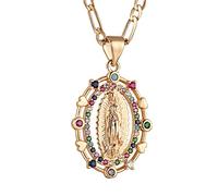 HZMAN Collana da preghiera con ciondolo a forma di cuore placcato oro 14 carati con ciondolo a forma di cuore Vergine Maria Amuleto Nostra Signora di Guadalupe Multicolor Cubic Zirconia Donne Figlia