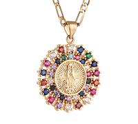 HZMAN Collana da preghiera con ciondolo a forma di cuore placcato oro 14 carati con ciondolo a forma di cuore Vergine Maria Amuleto Nostra Signora di Guadalupe Multicolor Cubic Zirconia Donne Figlia