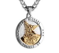 HZMAN Saint Michael Collana da uomo in acciaio inox retrò arcangelo rotondo medaglia ciondolo collana amuleto gioielli regalo, 3.5 cm x 3.5 cm, Acciaio inossidabile, Nessuna pietra preziosa
