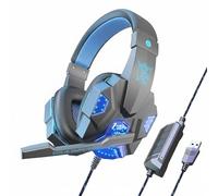 Hzoibyze Gaming Headset Cuffie da Gioco Auricolari Over-ear Microfono Ad Alta Sensibilità Suono Tridimensionale Comfort con Pad in Pelle Suitable per Bambini, Nero+Blu, Usb Luminoso