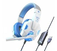 Hzoibyze Gaming Headset Cuffie da Gioco Auricolari Over-ear Microfono Ad Alta Sensibilità Suono Tridimensionale Comfort con Pad in Pelle Suitable per Bambini, Bianco+Blu, USB Luminoso