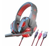 Hzoibyze Gaming Headset Cuffie da Gioco Auricolari Over-ear Microfono Ad Alta Sensibilità Suono Tridimensionale Comfort con Pad in Pelle Suitable per Bambini, Nero+Rosso, PC Luminoso