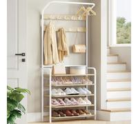 Hzuaneri Appendiabiti con Scarpiera, Mobile Ingresso con 5 Livello Scarpiera, 9 Ganci, 1 Barra Attaccapanni, 24,5 x 78,5 x 195cm, per Entrata Corridoio, Rovere e Bianco HT19016W