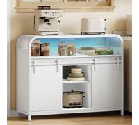 Hzuaneri Credenza con Luci a LED, Mobile da Cucina con Multipresa, Mobiletto Portaoggetti, con 2 Ante Scorrevoli, 35 x 100 x 80 cm, Ripiani Regolabili, Cucina, Zona Giorno, Bianco SC00103WEU