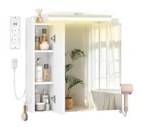 Hzuaneri Specchio Bagno Contenitore, Mobiletto a Specchio con LED e Presa Multipla 2AC+2USB, Porta Asciugacapelli e Ganci, Interruttore e Spina, Ripiani Regolabili, 16,5x70x75cm, Bianco MC00603XEU