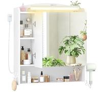 Hzuaneri Specchio Bagno Contenitore, Mobiletto a Specchio con LED, Porta Asciugacapelli e Ganci, Interruttore e Spina, Ripiani Regolabili, 16,5 x 70 x 80 cm, Bianco MC00303XEU