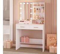 Hzuaneri Toeletta con Lampadina, Tavolo da Trucco, Vanità Per Il Trucco con 4 Ripiani Aperti e 2 Scomparti, Tavolino da Toeletta con 2 Cassetti, Bianco DT39203X