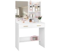 Hzuaneri Toeletta con Specchio, Tavolo da Trucco, Vanità Per Il Trucco con 4 Ripiani Aperti e 2 Scomparti, Tavolino da Toeletta con 2 Cassetti, Bianco VT08003X