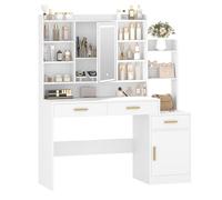 Hzuaneri Toeletta da Trucco, Ampio Piano d'appoggio con Specchio e Luce LED Regolabile, 3 Cassetti e 1 Armadietto, Ripiani Aperti a Più Livelli, per Camera da Letto, Guardaroba, Bianco DT39103X