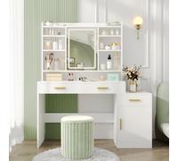 Hzuaneri Toeletta da Trucco, Ampio Piano d'appoggio con Specchio e Luce LED Regolabile, 3 Cassetti e 1 Armadietto, Ripiani Aperti a Più Livelli, per Camera da Letto, Guardaroba, Bianco DT20003X