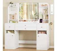 Hzuaneri Toeletta Trucco con Luce LED, con Presa e Porta Asciugacapelli, Ampio Piano D'appoggio 108cm, Toeletta con 2 Cassetti Grandi con Contenitore per Gioielli, 2 Armadietti, 40x108x145 cm Bianco