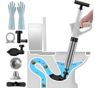 hzuisst Sbloccante per WC resistente, ad alta pressione con barometro visivo, stantuffo per lavello con 4 testine sostituibili, supporto e guanti, strumento di sblocco per sbloccare lo scarico della