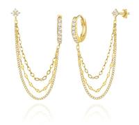 HZYKDWD Orecchini a catena da donna, in argento Sterling 925, con quattro zirconi a forma di fiore, doppio piercing, tre catene, orecchini a cerchio pendenti, gioielli da donna, One pair, Argento
