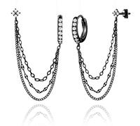 HZYKDWD Orecchini a catena da donna, in argento Sterling 925, con quattro zirconi a forma di fiore, doppio piercing, tre catene, orecchini a cerchio pendenti, gioielli da donna, One pair, Argento