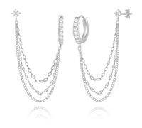 HZYKDWD Orecchini a catena da donna, in argento Sterling 925, con quattro zirconi a forma di fiore, doppio piercing, tre catene, orecchini a cerchio pendenti, gioielli da donna, One pair, Argento