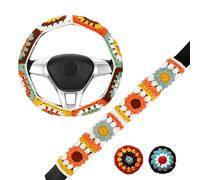 HZYZW-19 - Set di coprivolante per auto all'uncinetto, grazioso coprivolante Boho da 35,5-38,1 cm, fatto a mano, motivo girasole nonna, con motivo quadrato, accessorio per auto da donna (set di