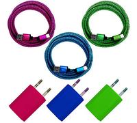 i! - 3 x alimentatore USB da 1 A + 3 x 1 m di alta qualità in nylon USB-C cavo di ricarica rapida per cellulare, tablet smartphone - blu + verde + rosa