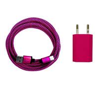 i! - Alimentatore di rete USB da 1 a + cavo di ricarica rapida USB-C in nylon di alta qualità, per cellulare, tablet, smartphone, colore rosa