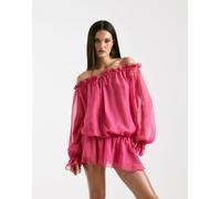 I.AM.GIA - Jazmin - Tuta corta in chiffon georgette rosa acceso con scollo alla Bardot profondo, dettaglio allacciato e vita scesa M