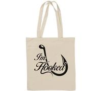I Am Hooked Funny Fishing Hook Graphic Natural Cotton Tote Bag Bianco