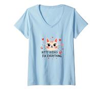 I Baci di Kitty risolvono Tutto - Cute Cat Love Maglietta con Collo a V, Donna, Celeste, S