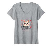 I Baci di Kitty risolvono Tutto - Cute Cat Love Maglietta con Collo a V, Donna, Grigio Melange, XL